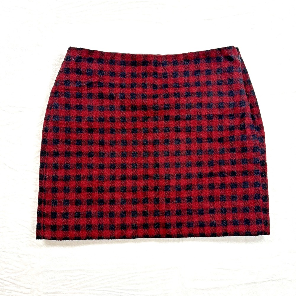 Madewell Mini Skirt Womens 4 Red Buffalo Check Plaid Wool Blend Fuzzy A-Line